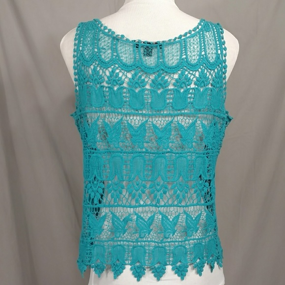 Turquoise Butterfly Crop Lace Crochet Cobweb Knit Tank Top Dark Aqua Weave - Picture 4 of 8